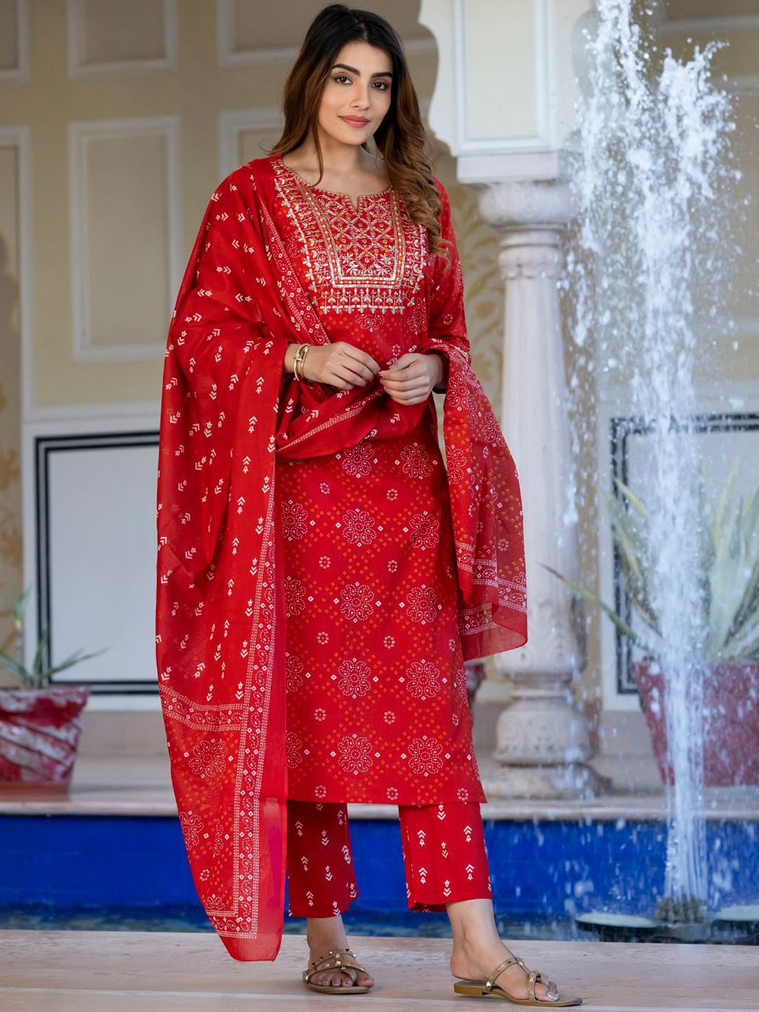 Dhiyona KL Bandhani Sequinned Embroidered Round Neck Pure Cotton Kurta with Trousers & Dupatta