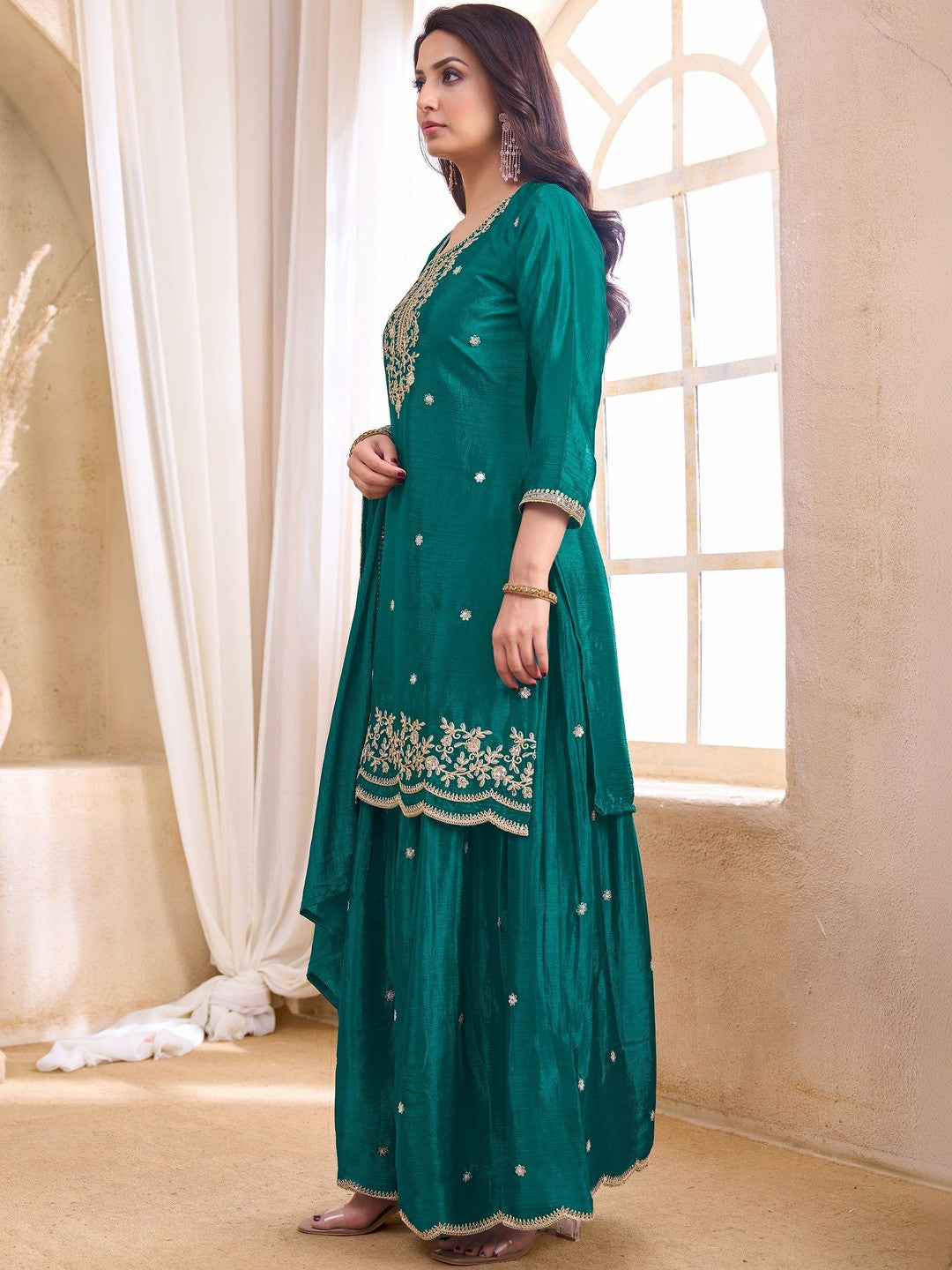 Embroidered Round Neck Kurta & Palazzos With Dupatta