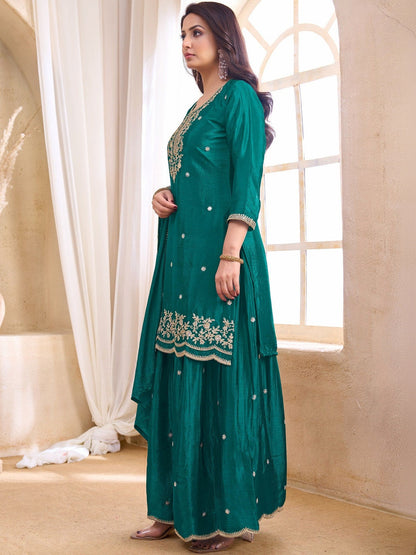 Embroidered Round Neck Kurta & Palazzos With Dupatta