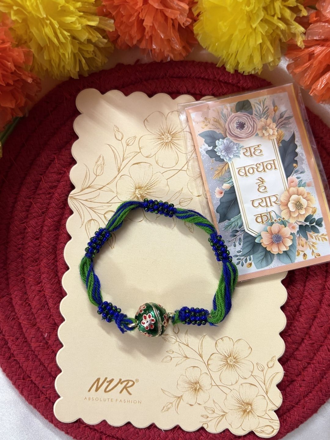 Dhiyona Magnetic Opening Blue Meenakari Work Thread Rakhi With Roli Chawal Chandan Mishri