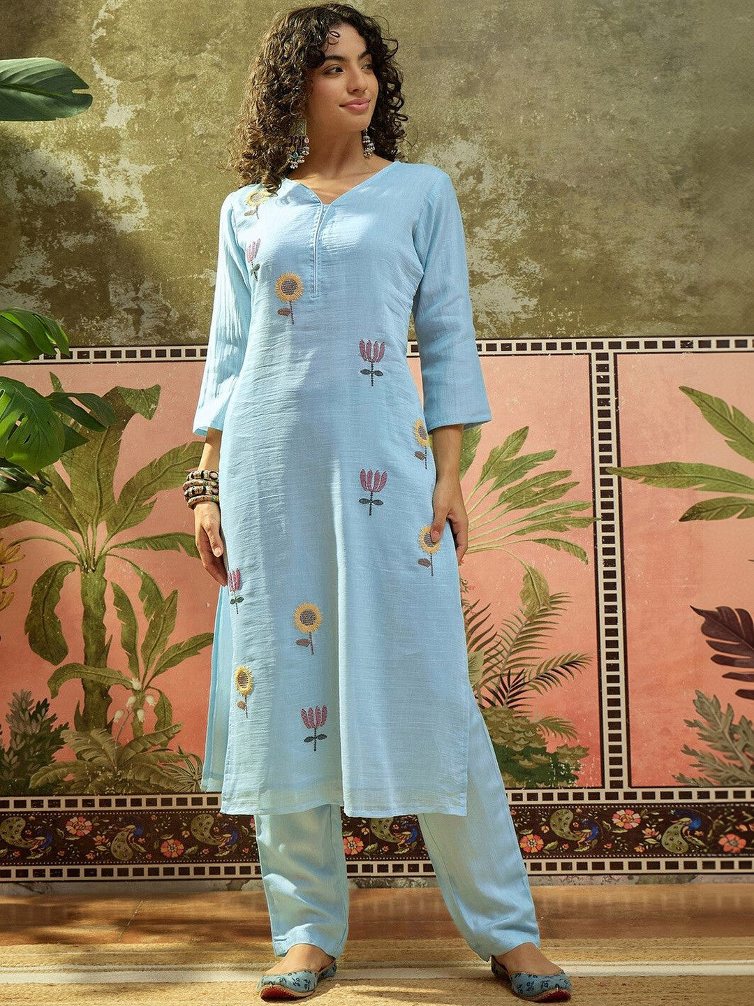 Embroidered V Neck Kurta Sets