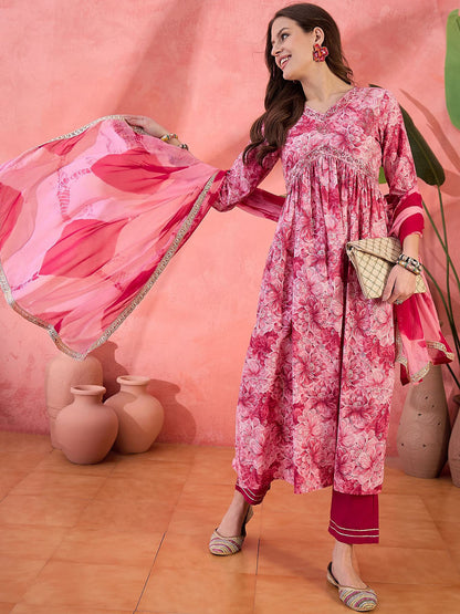 Pink Floral Printed Empire V-Neck Pure Cotton Kurta With Trouser And Dupatta