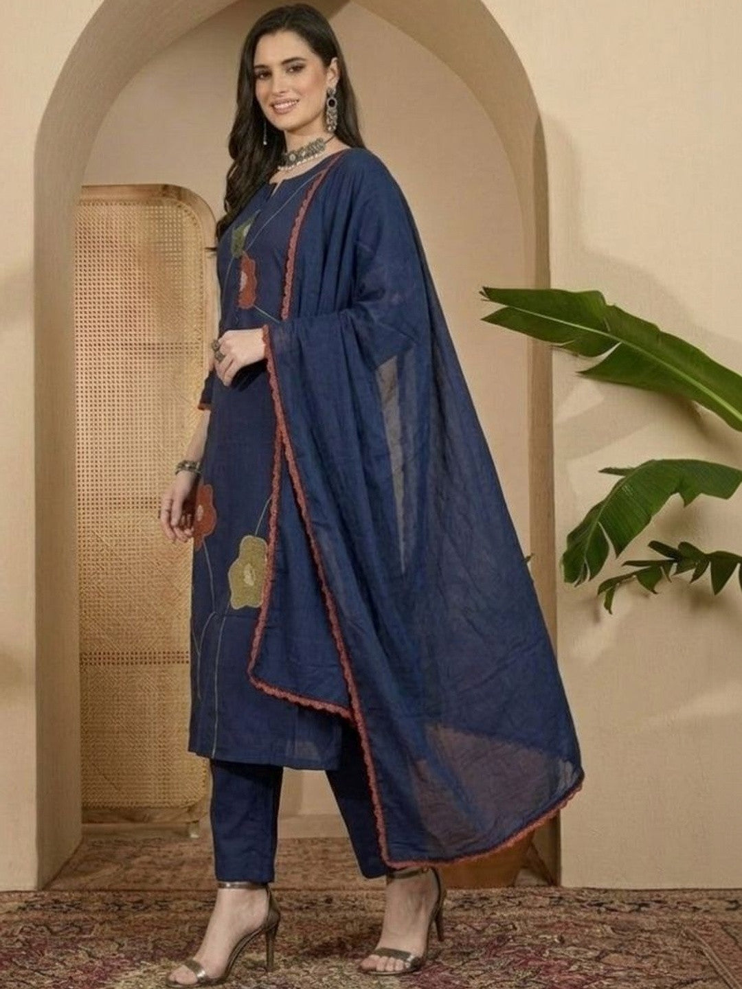 Embroidered Cotton Round Neck Kurta & Trousers With Dupatta
