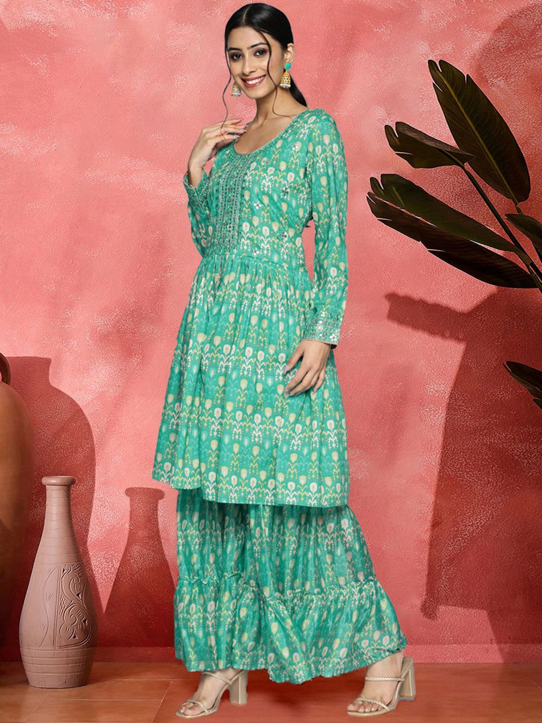 Dhiyona SN Ethnic Motifs Printed Mirror Work Pure Muslin A-Line Kurta With Sharara & Dupatta