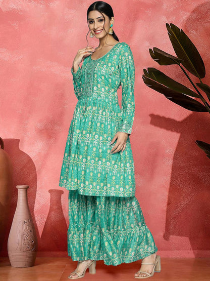 Dhiyona SN Ethnic Motifs Printed Mirror Work Pure Muslin A-Line Kurta With Sharara & Dupatta