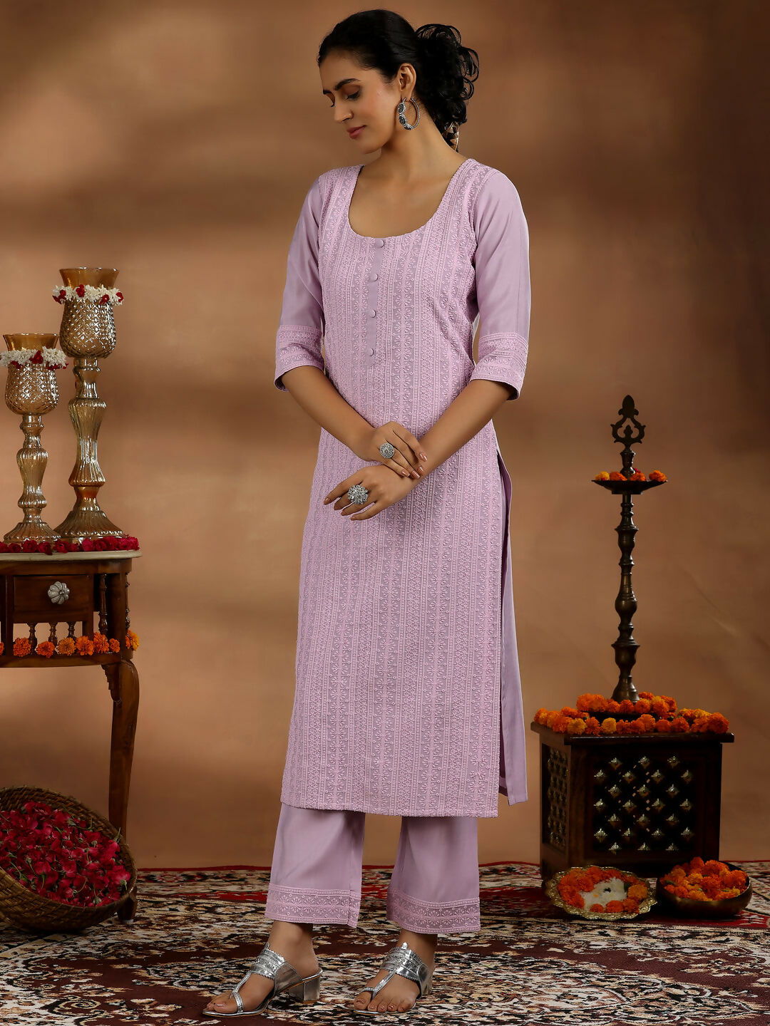 Women's LB Mauve Embroidered Silk Blend Straight Suit With Dupatta