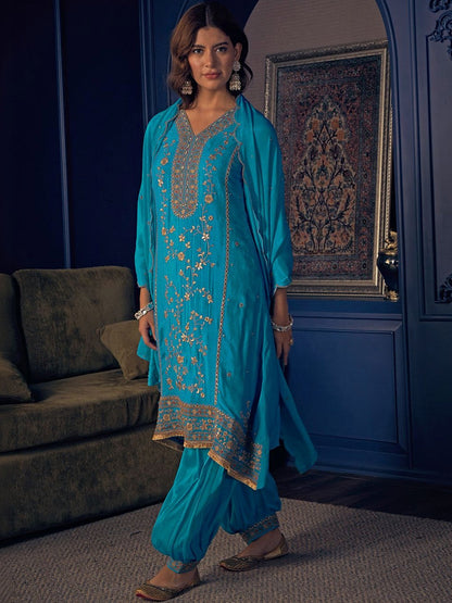 Embroidered V-Neck Kurta & Salwar With Dupatta