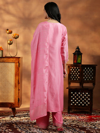 Women's LB Pink Woven Design Silk Blend Straight Suit With Dupatta