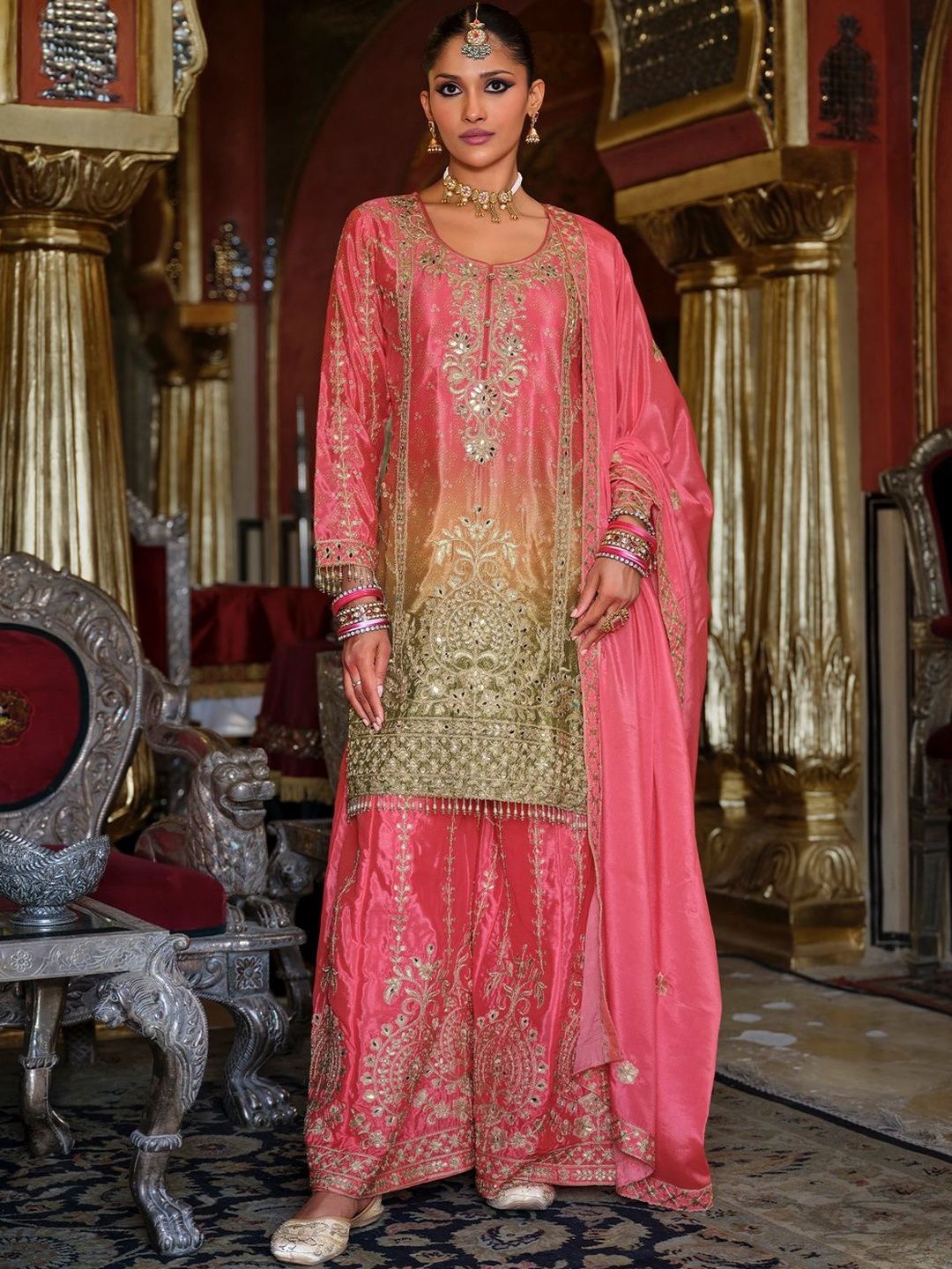 Dhiyona IE Women Ethnic Motifs Embroidered Kurta with Palazzos & Dupatta