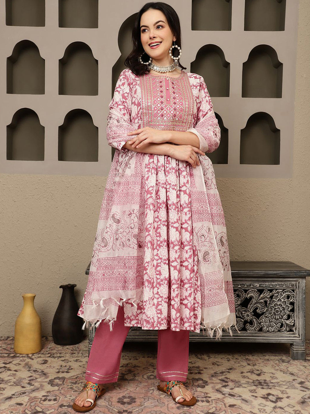 Mauve Floral Embroidered Pure Cotton Sequinned Kurta Kurta With Trousers & Dupatta