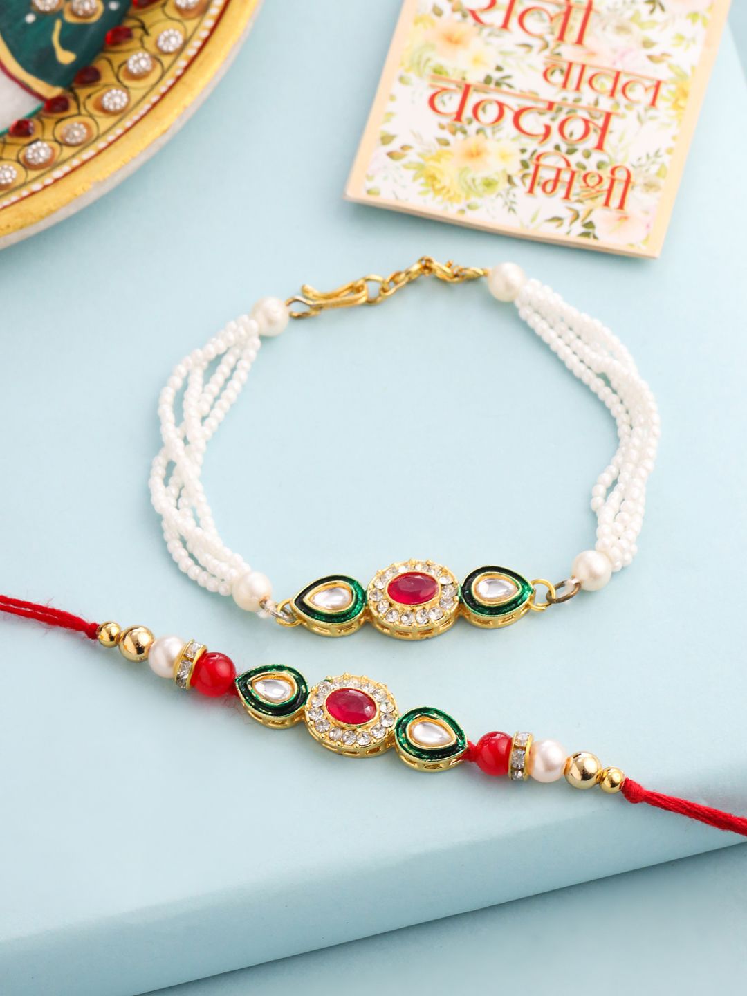 Dhiyona Set Of 2 Multicolor Oval Shape Kundan Studded & Beads Bhaiya Bhabhi Rakhi