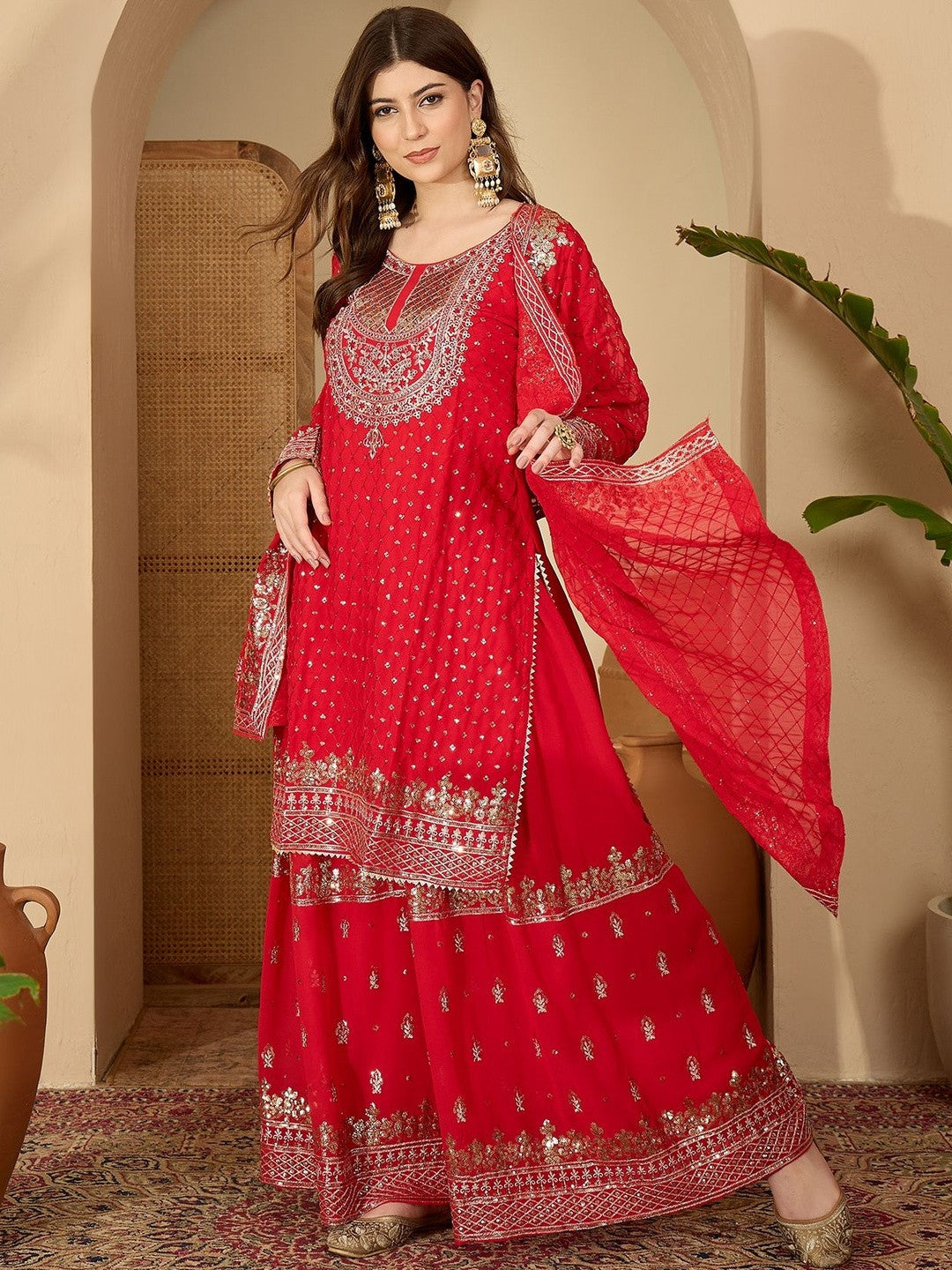 Ethnic Motifs Embroidered Panelled Gotta Patti Kurta With Palazzos & Dupatta