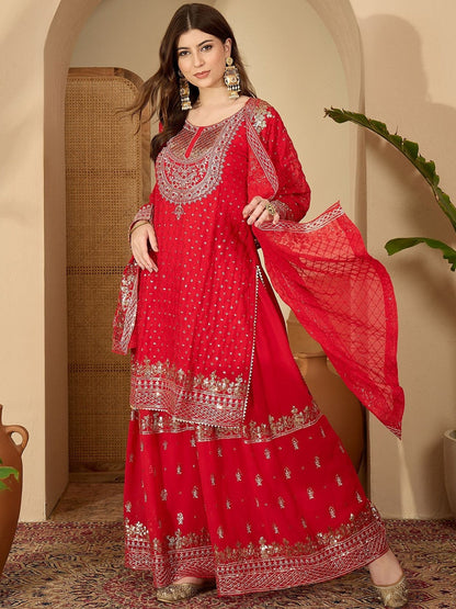 Ethnic Motifs Embroidered Panelled Gotta Patti Kurta With Palazzos & Dupatta