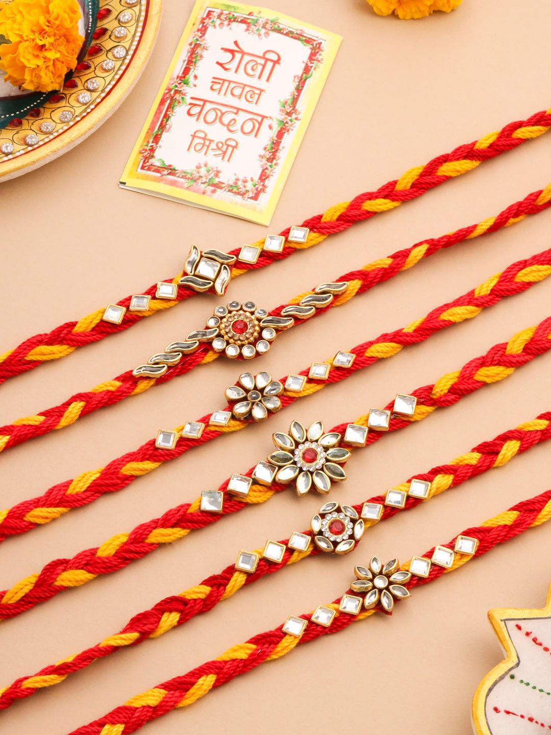 Dhiyona Men Set Of 6 Red & Yellow Kundan Studded Floral Design Thread Rakhi With Roli Chawal