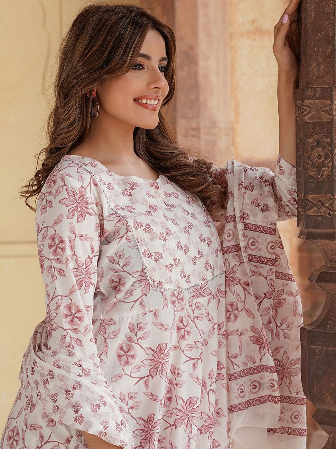 Dhiyona KL Floral Printed Notch Neck Pure Cotton Anarkali Kurta with Trousers & Dupatta