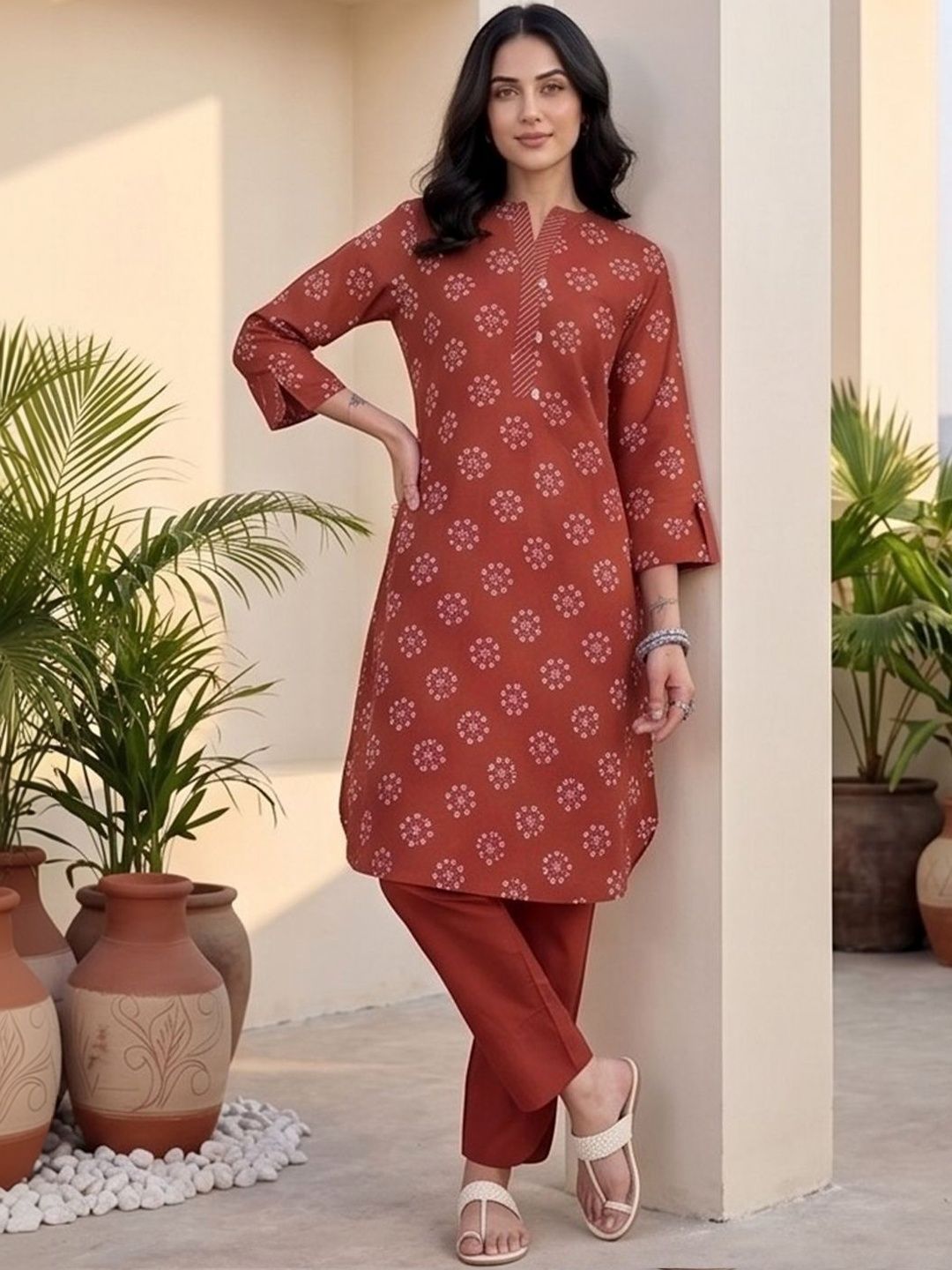 Red Women Ethnic Motifs Printed Regular Kurta with Trousers