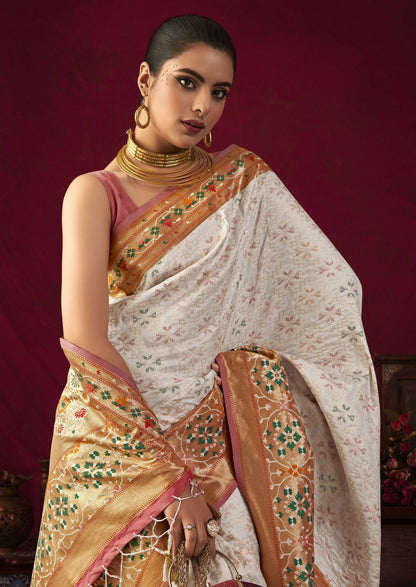 Women Paithani Bansi White Saree With Unstiched Blouse