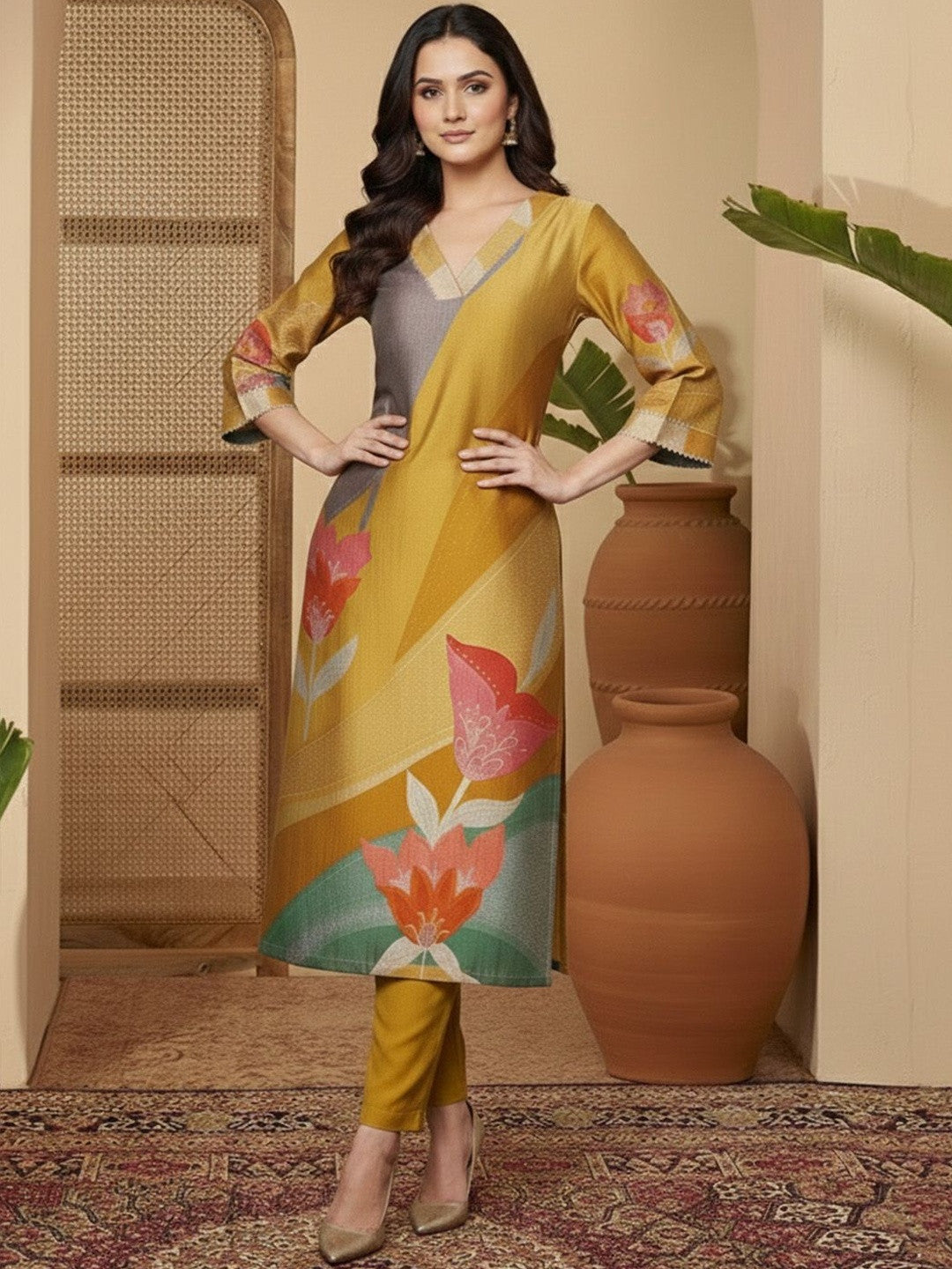 Printed V-Neck Kurta & Trousers