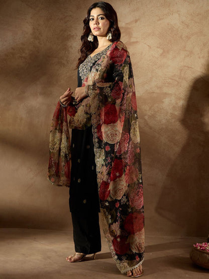 Dhiyona IE Women Ethnic Motifs Embroidered Regular Kurta with Trousers & With Dupatta