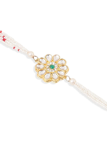 Dhiyona Set Of 2 Kundan Floral Design Gold Toned Bhaiya Bhabhi Rakhi Set With Roli Chawal