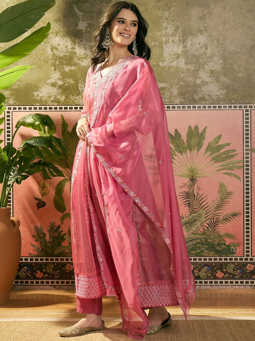 Embroidered V-Neck Kurta Trousers & Dupatta