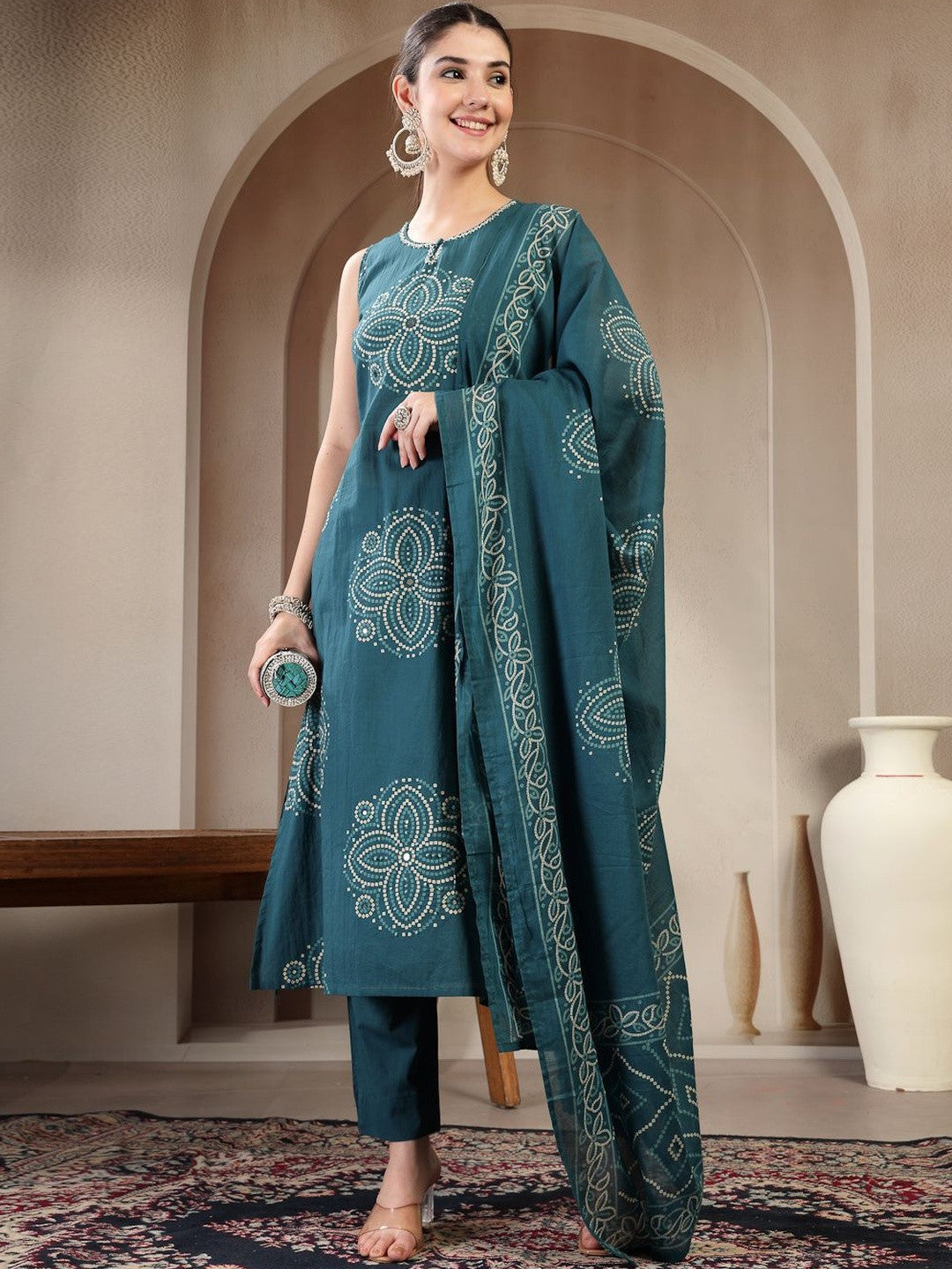 Dhiyona SN Printed Pure Cotton Round Neck Kurta & Trousers Kurta Set