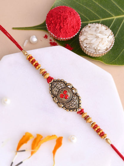 Dhiyona Beaded Thread Rakhi With Roli Chawal & Greetings Card