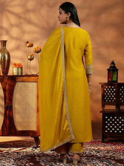 Women's LB Mustard Yoke Design Silk Blend A-Line Kurta With Trousers & Dupatta