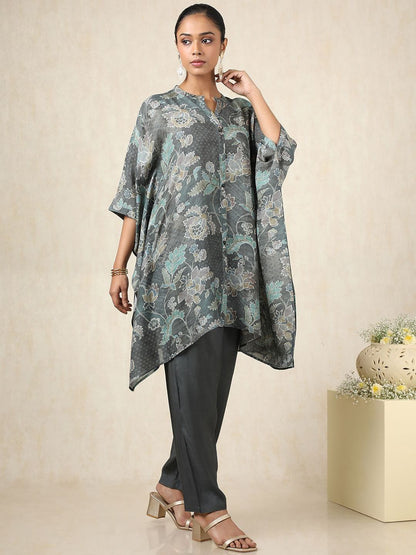 Dhiyona SO Women's Floral Printed Mandarin Collar Pure Cotton Kaftan Kurta With Trousers