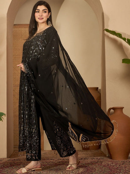 Dhiyona SN Geometric Embroidered Sequinned Straight Kurta With Palazzos & Dupatta