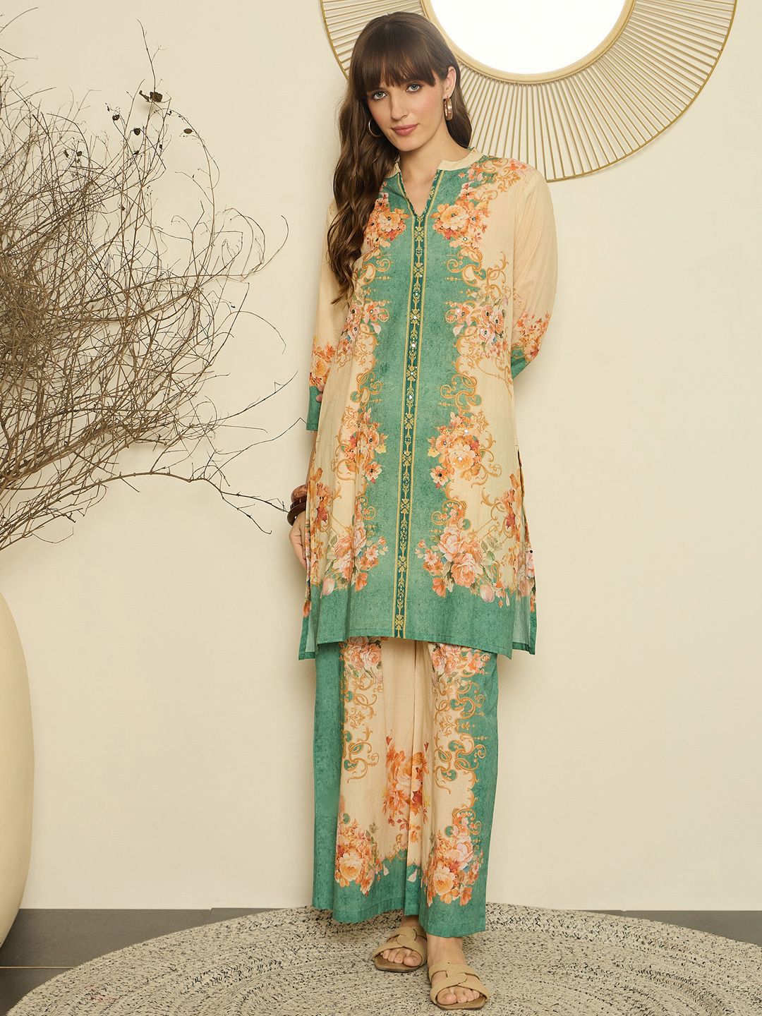 Dhiyona IE Women Printed Mandarin Collar Top and Trousers Co-Ords