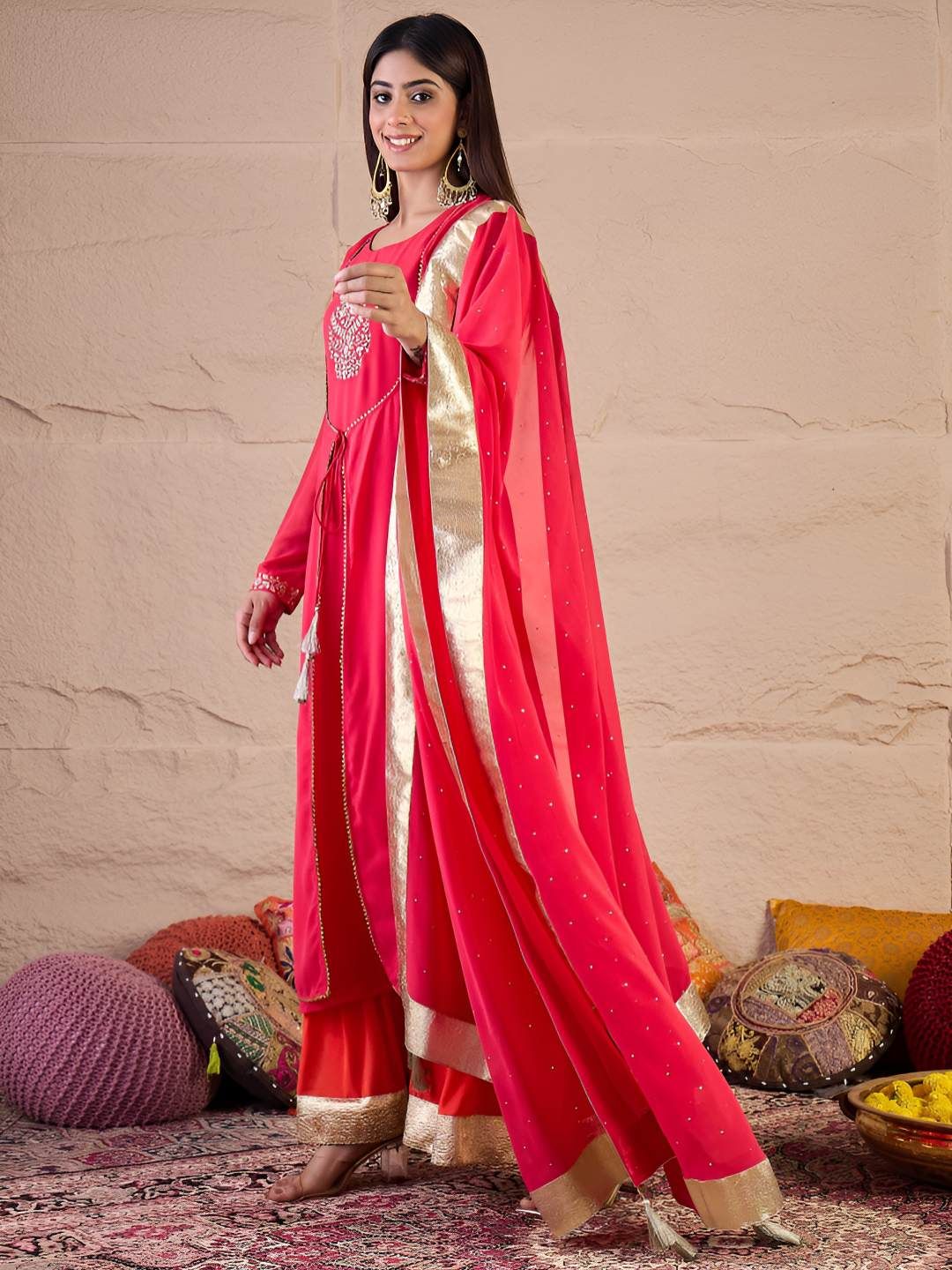 Dhiyona IN Floral Embroidered Zari Georgette Anarkali Kurta With Palazzos & Dupatta