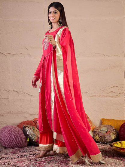 Dhiyona IN Floral Embroidered Zari Georgette Anarkali Kurta With Palazzos & Dupatta