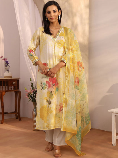 Women Floral Printed Regular Thread Work Linen Kurta with Trousers & With Dupatta