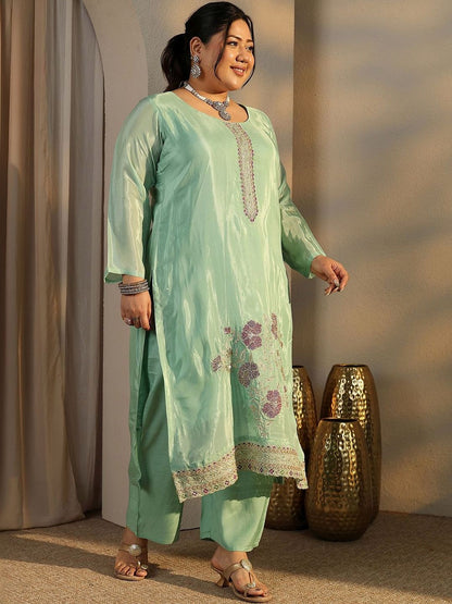 Dhiyona Women's Plus Size Floral Embroidered Kurta with Trousers & Dupatta