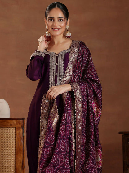 Women's LB Wine Embroidered Silk Blend Straight Suit With Dupatta