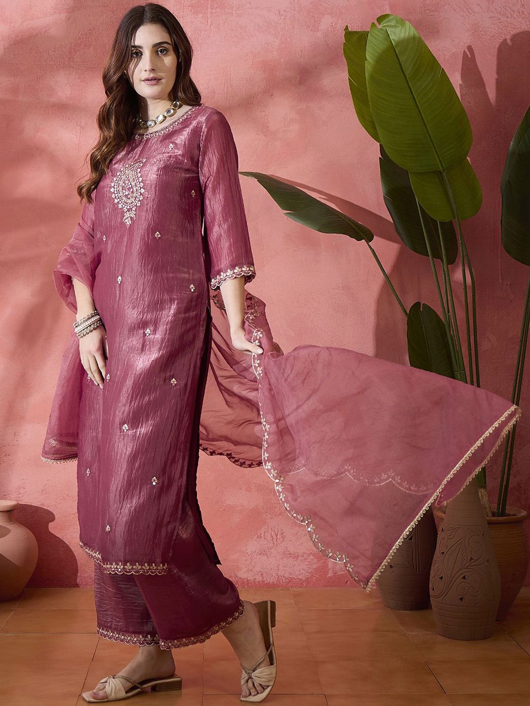Dhiyona SN Paisley Embroidered Mirror Work Straight Kurta And Palazzo With Dupatta