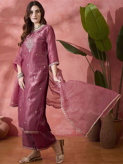 Dhiyona SN Paisley Embroidered Mirror Work Straight Kurta And Palazzo With Dupatta