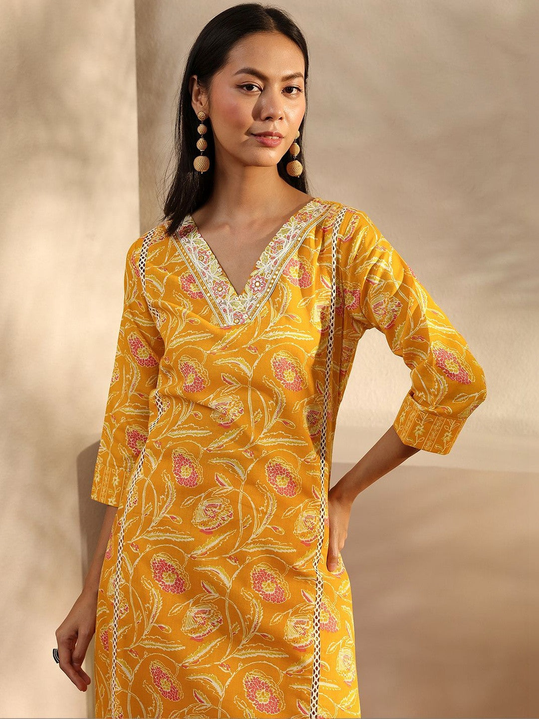 Libas Yellow Floral Printed Cotton A-Line Suit Set With Dupatta