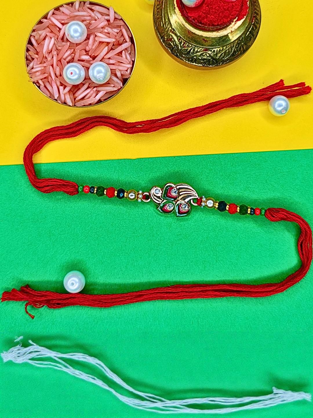 Dhiyona Set Of 3 Beaded Cotton Thread with AD Stones & Meenakari Designer Rakhi for Brother