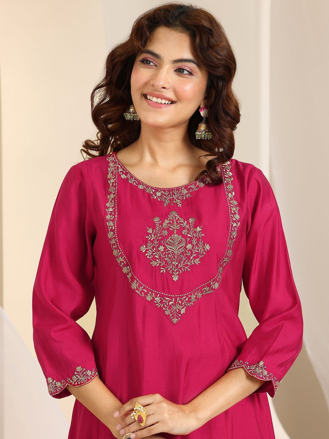 Floral Yoke Design Thread Work A-Line Kurta With Trousers & Dupatta