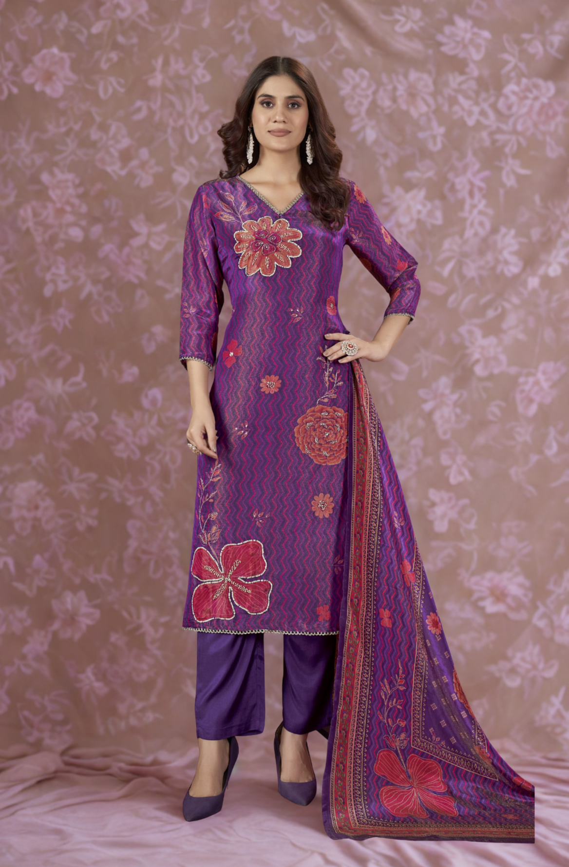 Malti Orchid Printed Shimmer Suit Set