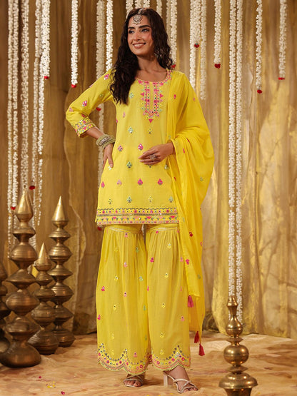 Dhiyona SC Geometric Embroidered Mirror Work Pure Cotton Kurti With Sharara & Dupatta