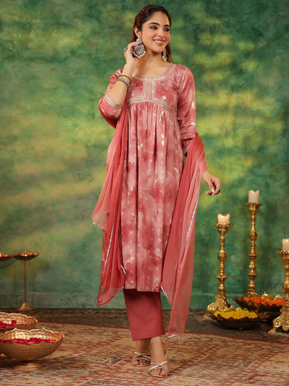 Dhiyona RR Women's Bandhani Printed Pure Cotton Anarkali Kurta With Trousers & Dupatta