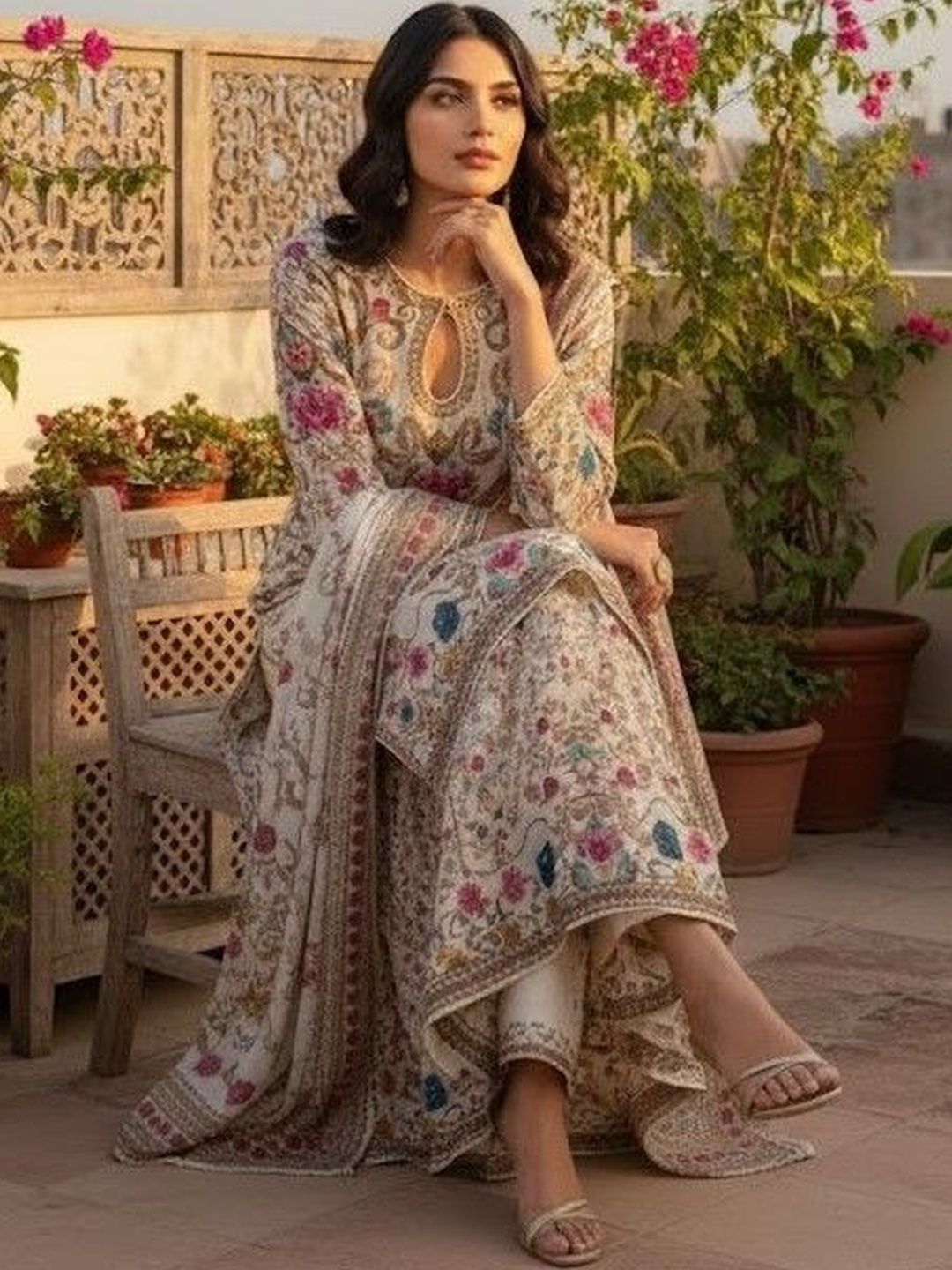 Dhiyona AN Floral Printed Keyhole Neck Straight Kurta With Sharara & Dupatta