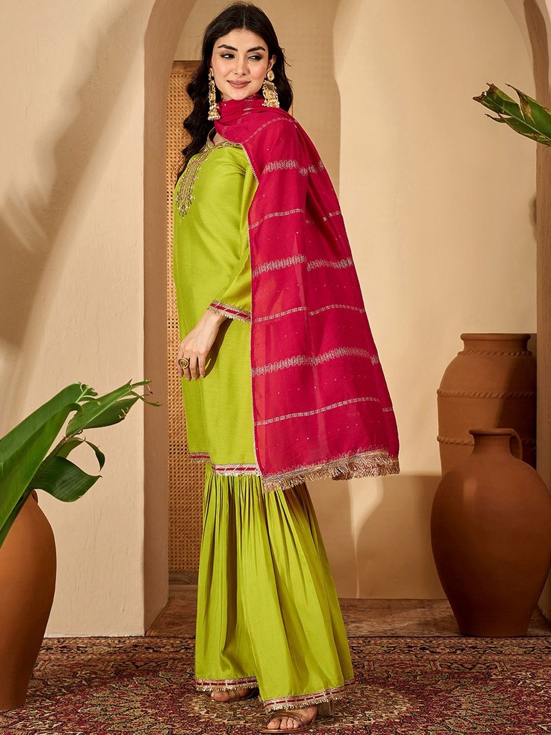 Dhiyona SN Floral Embroidered Kurta with Palazzos & Dupatta