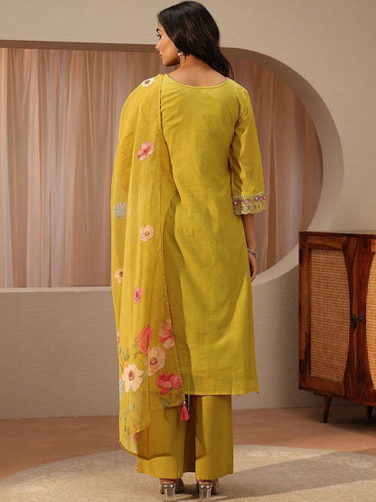 Mustard Floral Embroidered Silk Blend A-line Suit Set