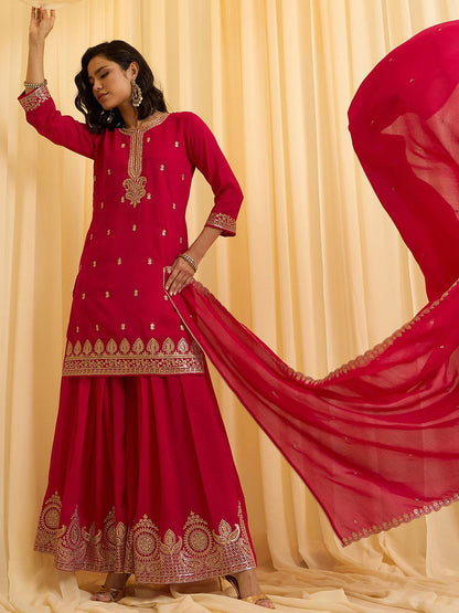 Dhiyona CH Women Zari Sequence Embroidered Kurta with Palazzos & Dupatta