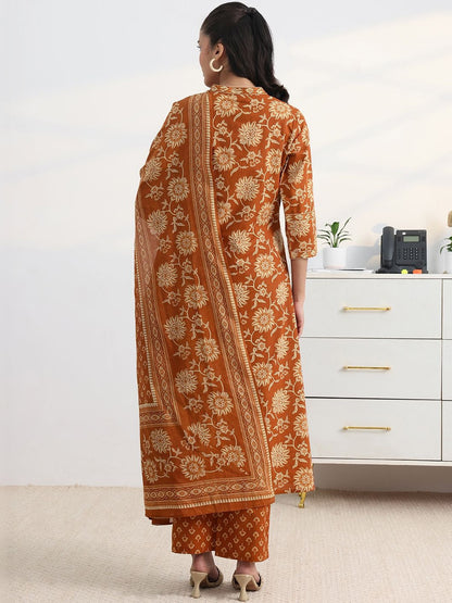 Libas Rust Floral Print A-Line Suit Set with Dupatta