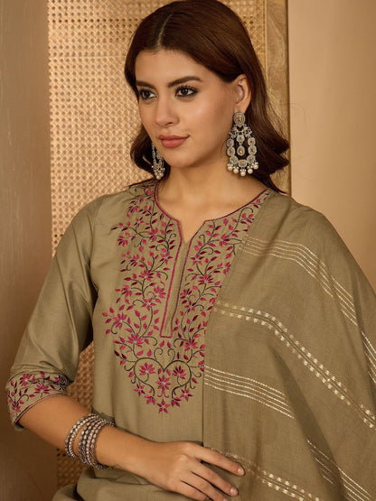 Women Olive Embroidered Kurta Sets With Dupatta